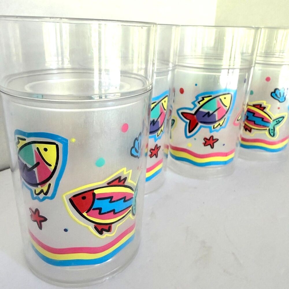 VTG 90s Clear Plastic Colorful Tropical Cartoon Fish Tumbler Cups, 6 pc set